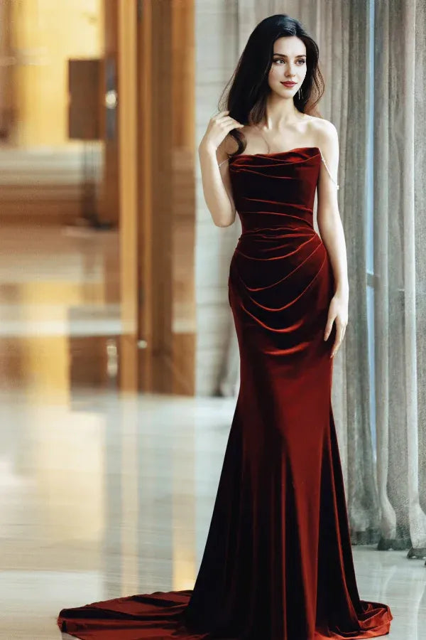 Tiendas de vestidos de fiesta Vestido de fiesta de boda largo de sirena de terciopelo rojo vino Vestido de fiesta rojo vino Vestidos formales para mujer